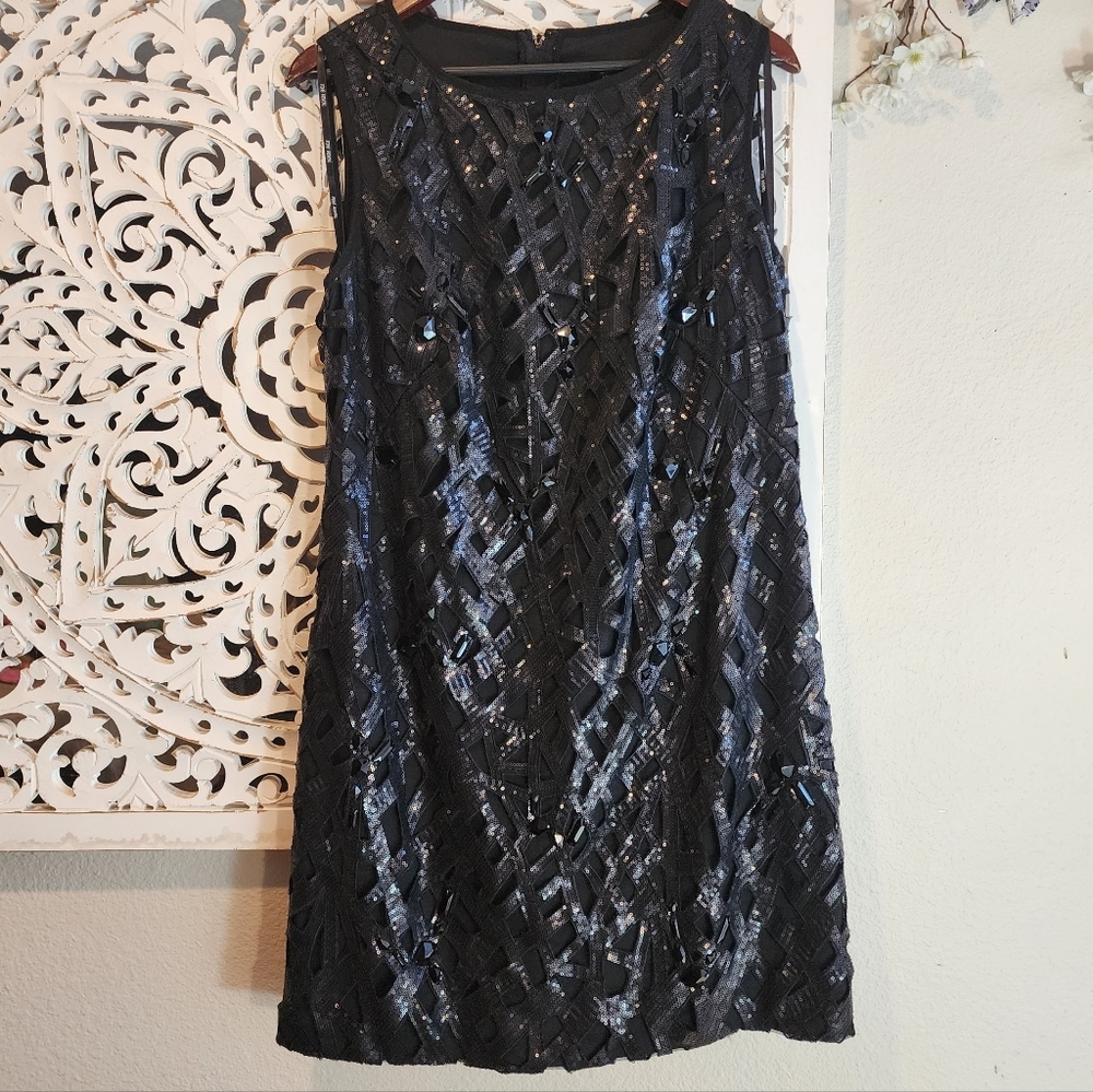 TADASHI SHOJI SEQUINS SLEEVELESS FORMAL DRESS SILK BLACK WOMENS SIZE 12 - Picture 6 of 10
